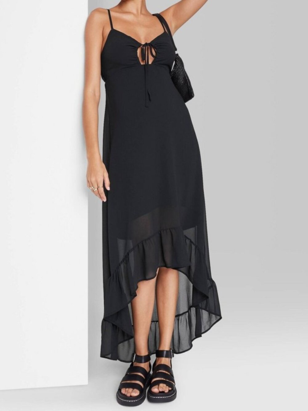 Wild Fable Black High-Low Hem Chiffon Midi Dress with Front Tie Size Small
